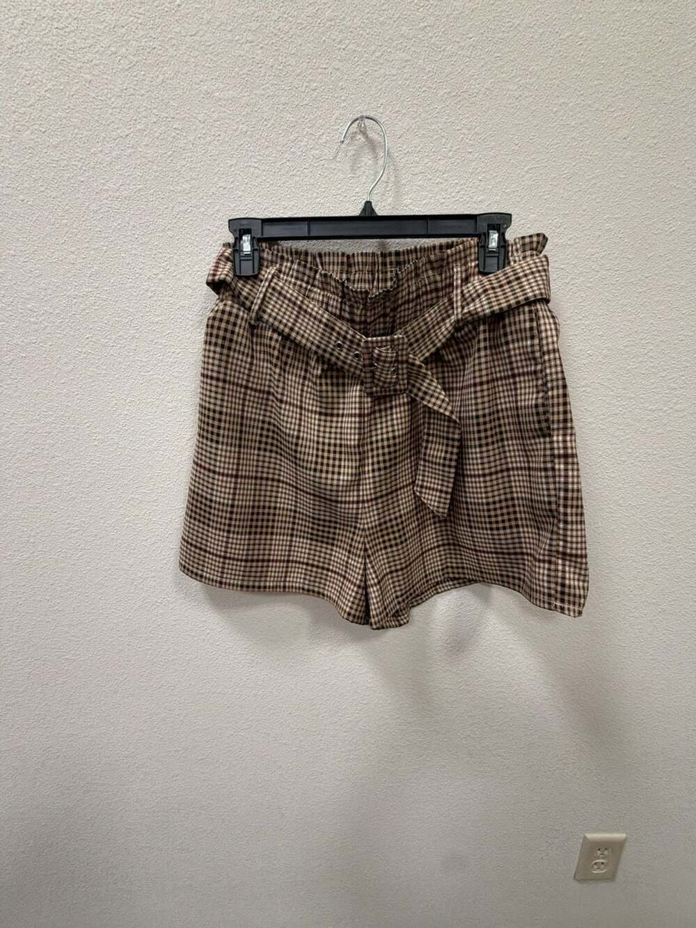 endless rose Plaid Paperbag Waist Belted Shorts Size M Brown